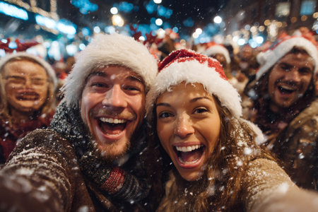 Friends celebrating christmas holidays together, wearing santa hats and smiling in falling snowの素材