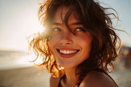 Woman with freckles and curly hair smiling, backlight from golden hour sunの素材