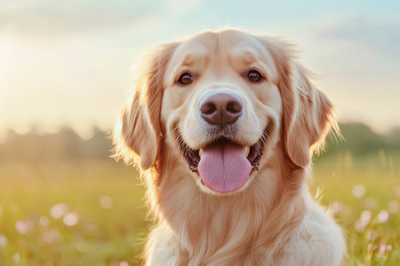 Golden retriever dog happily posing, enjoying warm sunshine in a summer fieldの素材