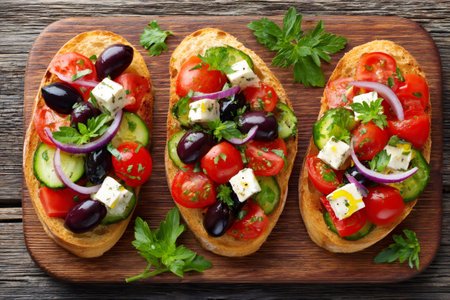 Crisp bread slices topped with fresh tomatoes, cucumbers, feta, olives, and herbsの素材