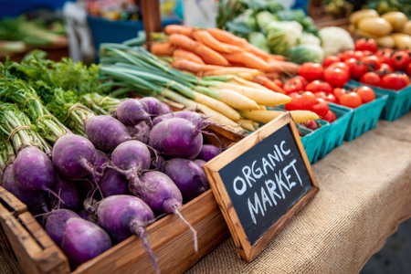 Organic market selling fresh beets, carrots, and other healthy produceの素材