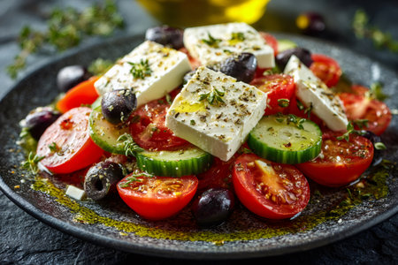 Fresh greek salad with cucumbers, oregano, and olive oil on a dark plateの素材