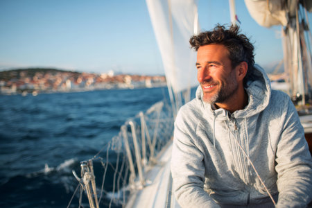 Happy man sailing a boat, looking away at the beautiful coastal viewの素材