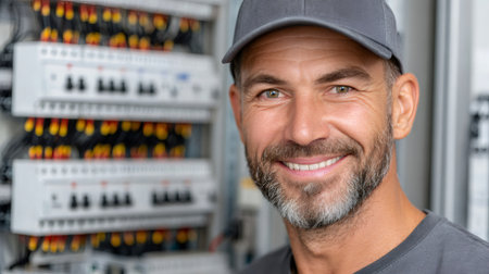 Focused electrician smiling while working on an electrical distribution boardの素材