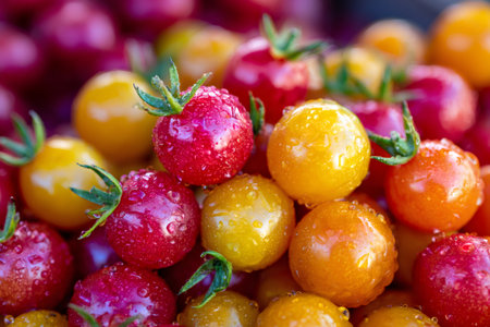 Fresh multi colored heirloom cherry tomatoes with water drops, ideal for healthy eatingの素材