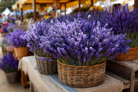 Baskets of fragrant lavender flowers creating a beautiful display at an outdoor marketの素材