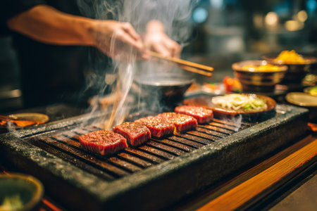 Chef preparing premium wagyu beef on a hot grill with rising steamの素材