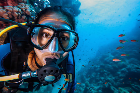 Woman in diving gear observing ocean life in a vibrant coral reefの素材