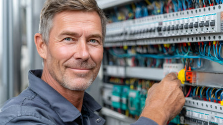 Man smiling, performing maintenance on an electrical distribution boardの素材