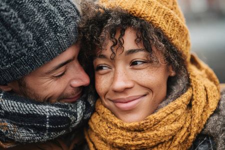 Young diverse couple embracing and smiling warmly during winter seasonの素材