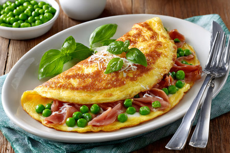 Fluffy omelette presenting a filling of cured ham, green peas, and grated cheeseの素材