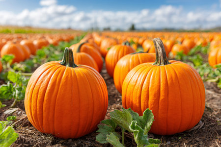 Orange pumpkins ripening in a sunny autumn patch ready for harvestの素材