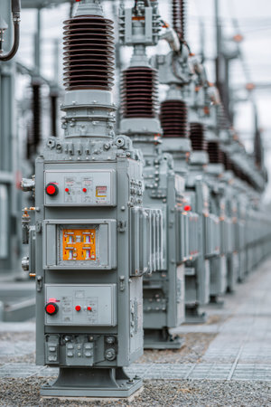 Industrial high voltage insulators and circuit breakers at a power substationの素材
