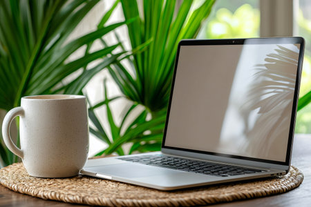 Open laptop and coffee mug on a woven placemat with green plants in the backgroundの素材