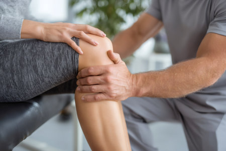 Physiotherapist hands examining a patient's knee for pain and injury rehabilitationの素材
