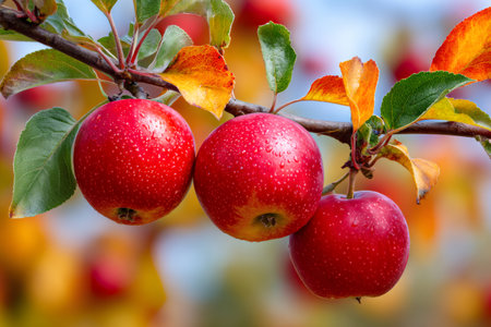 Three fresh red apples covered in dew drops hanging from a tree branchの素材