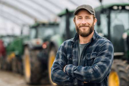 Confident bearded farmer smiling, standing with crossed arms in front of agricultural machineryの素材