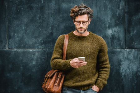 Stylish man using a mobile phone standing against a dark wallの素材