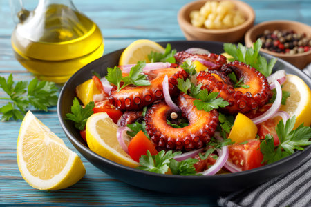 Delicious grilled octopus mixed with tomatoes, red onion, parsley, and lemon wedges, drizzled with olive oilの素材