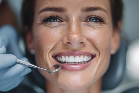 Happy woman receiving dental care from dentist holding mirror during examinationの素材