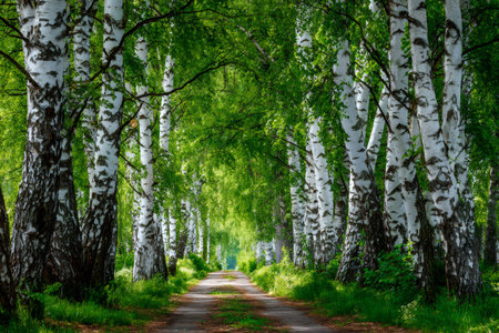 Birch trees with green leaves creating an archway over forest path during springtimeの素材