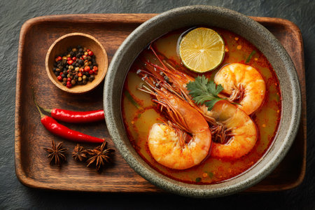 Thai tom yum soup bursting with shrimp, lime, chili, and star anise on a wooden trayの素材