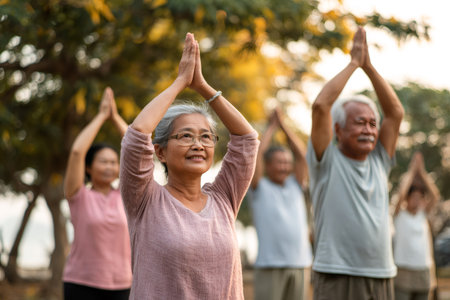 Group of asian seniors enjoying outdoor yoga for health and wellnessの素材