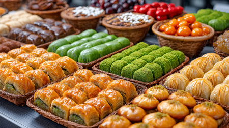 Various traditional Middle Eastern and Turkish sweets arranged for sale at a market stallの素材