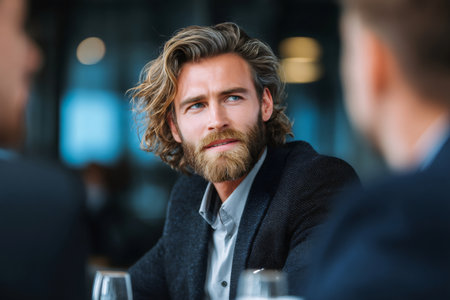 Bearded man with blue eyes listening intently during a business meetingの素材