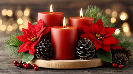 Red candles glowing amid poinsettias, pine cones, and greenery on a wooden surface with bokeh backgroundの素材