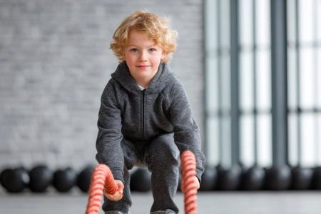 Young boy learning exercise technique with battle ropes during fitness trainingの素材