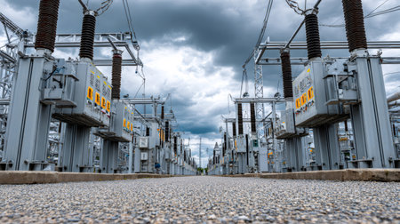 Industrial electrical substation transforming and distributing high voltage power under a cloudy skyの素材