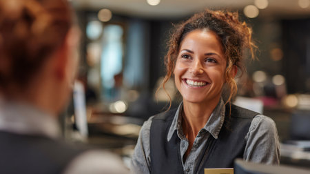 Friendly receptionist providing excellent customer service in a modern hotel lobbyの素材