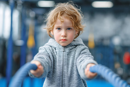 Determined boy with blond curly hair pulling blue battle ropes in a fitness gymの素材
