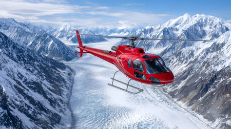 Red helicopter exploring vast glacier and snow covered mountains, offering an aerial viewの素材