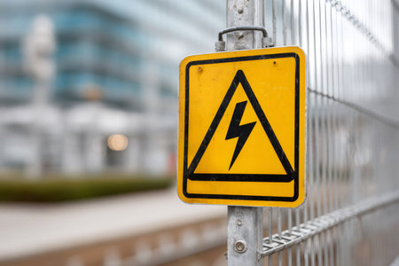 Yellow high voltage sign warning about electricity danger on an industrial fenceの素材