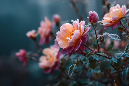 Rose flowers with petals and leaves covered in delicate white frost during winterの素材