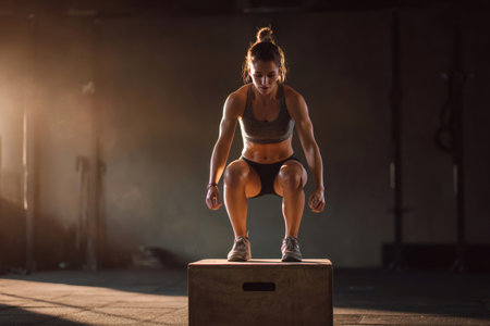 Athletic woman performing box jump in a dark fitness gymの素材