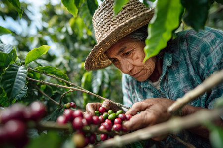 Hands of an aged woman carefully picking red coffee berries from the plantの素材