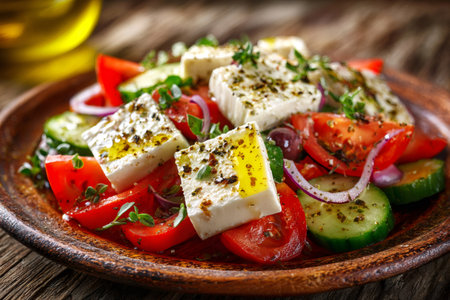 Greek salad featuring fresh tomatoes, cucumbers, red onions, feta, and olives, drizzled with olive oilの素材