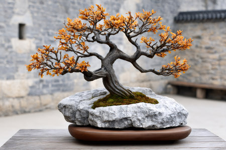 Bonsai tree with vibrant autumn leaves showcasing traditional Japanese horticulture on a wooden tableの素材