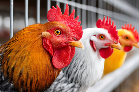 Roosters and hen standing in a row, showing a vibrant display of different poultry breedsの素材