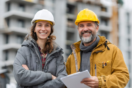 Two construction workers with hard hats smiling, standing outdoors at a building siteの素材