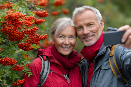 Happy senior couple smiling, taking selfie outdoors among red berriesの素材