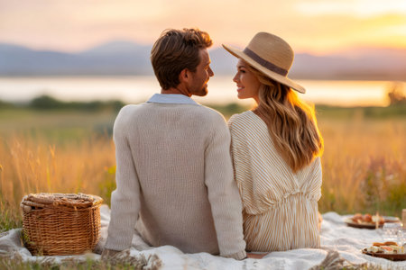 Loving couple sitting on blanket, having romantic picnic in a natural field at sunsetの素材