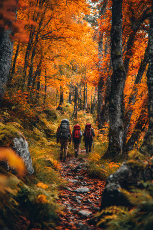 Three adventurers walking on a colorful trail surrounded by vibrant fall foliageの素材