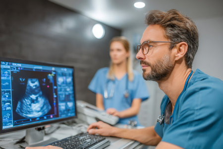 Medical doctor and nurse examining patient ultrasound scan results on a computer monitorの素材