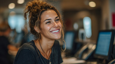 Happy woman with curly hair smiling and looking away while working in a customer service officeの素材