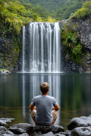 Man sitting by tranquil waterfall reflecting in still water pool, connecting with natureの素材