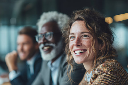 Diverse businesspeople happily attending a meeting, showing collaboration and successの素材